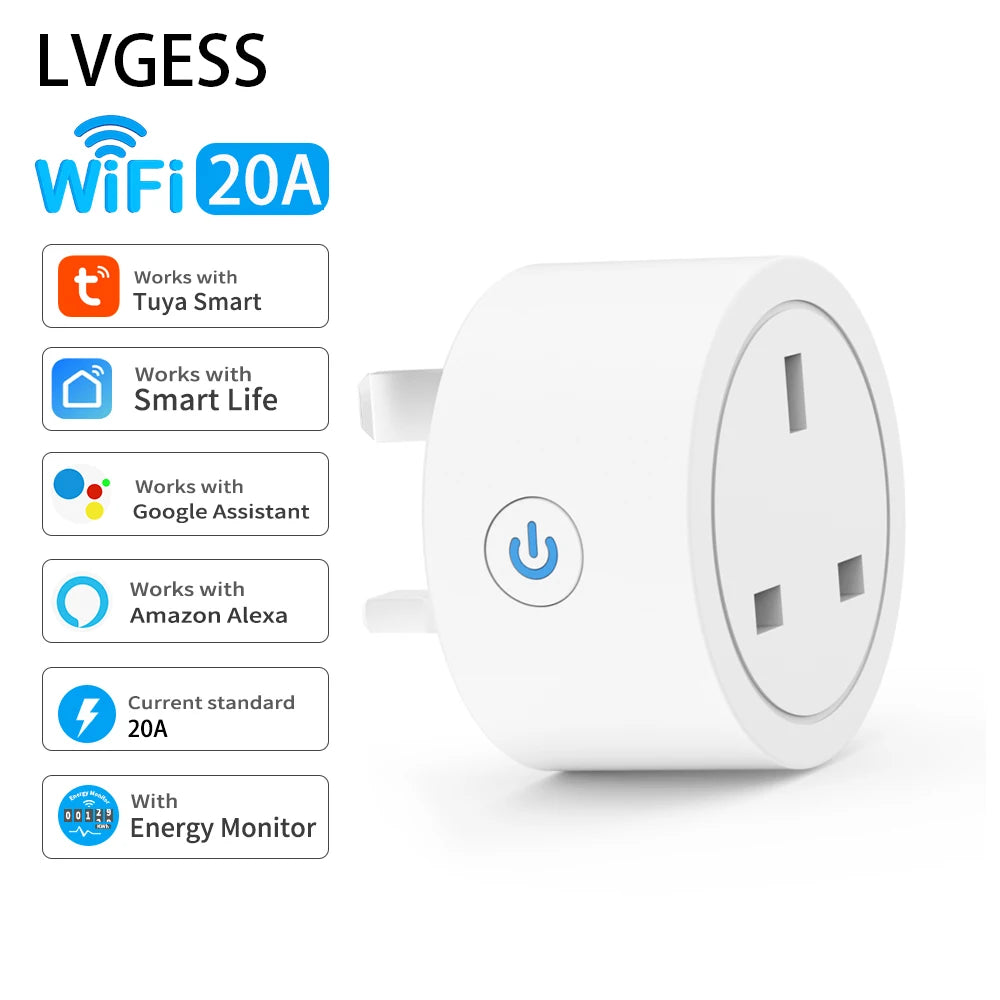 20A Tuya Smart Socket WiFi UK Plug 3pin Adapter Home Alexa