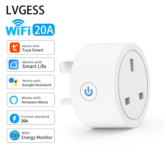 20A Tuya Smart Socket WiFi UK Plug 3pin Adapter Home Alexa