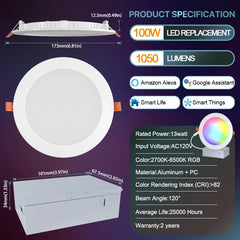 1/4PCS Smart Recessed Lighting 6 Inch 110V 13W WiFi Bluetooth